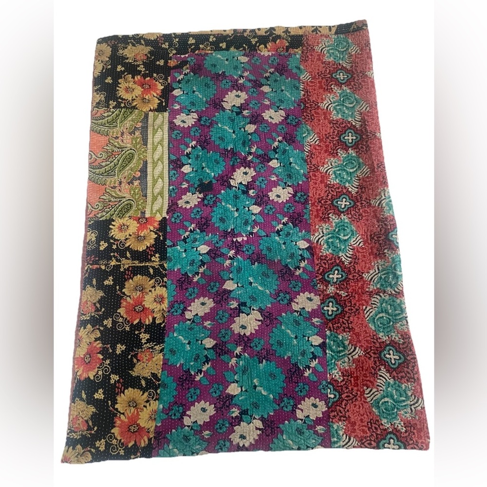 Kantha Quilt Hand-Made From Vintage Saris (60”x85”)